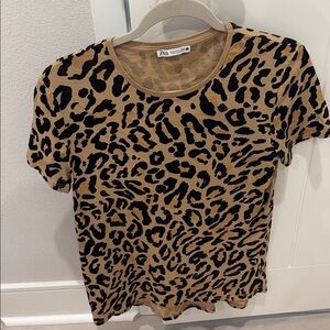 Zara Animal Print Short Sleeve Top - Tan and Black